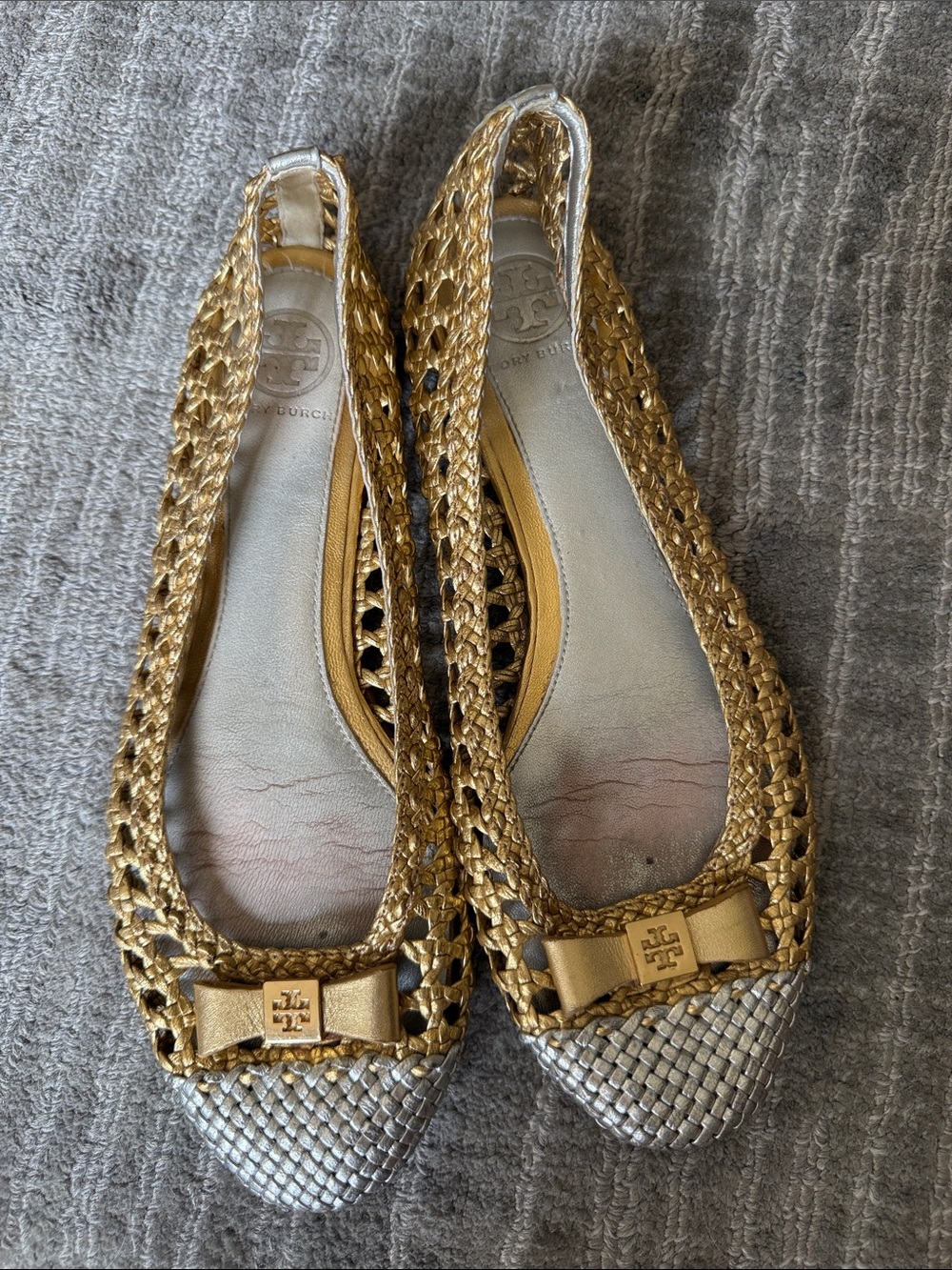Tory Burch Gold and Silver Woven Pointed Toe Ballet Flats